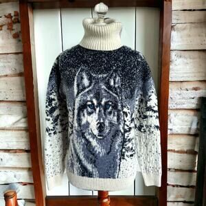 Pulltonic Womens Sweater Sz M Wolf Blue Eyes Cream Trim NEW Cashmere